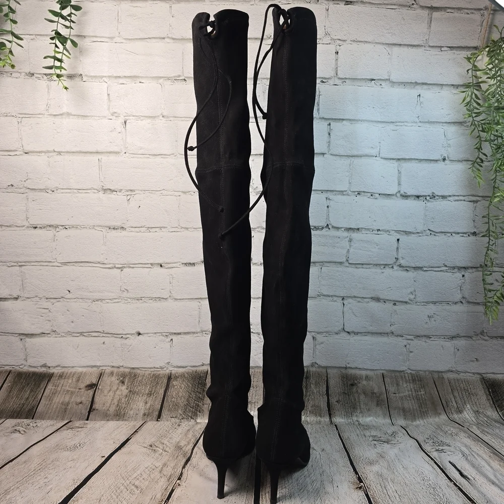 Stuart Weitzman Black Over-the-Knee Suede Tiemodel Almond Toe Womens Boots 9 EUC